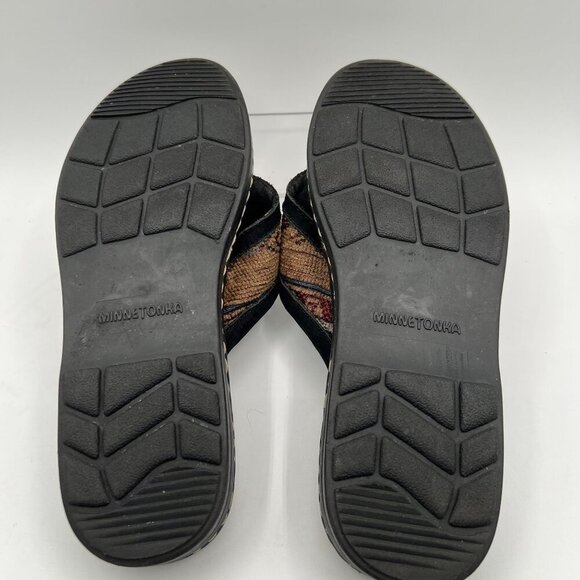 Minnetonka Womens 11 Aztec Leather Woven Thong Sandals Red Blue Boho Tribal - Picture 8 of 10